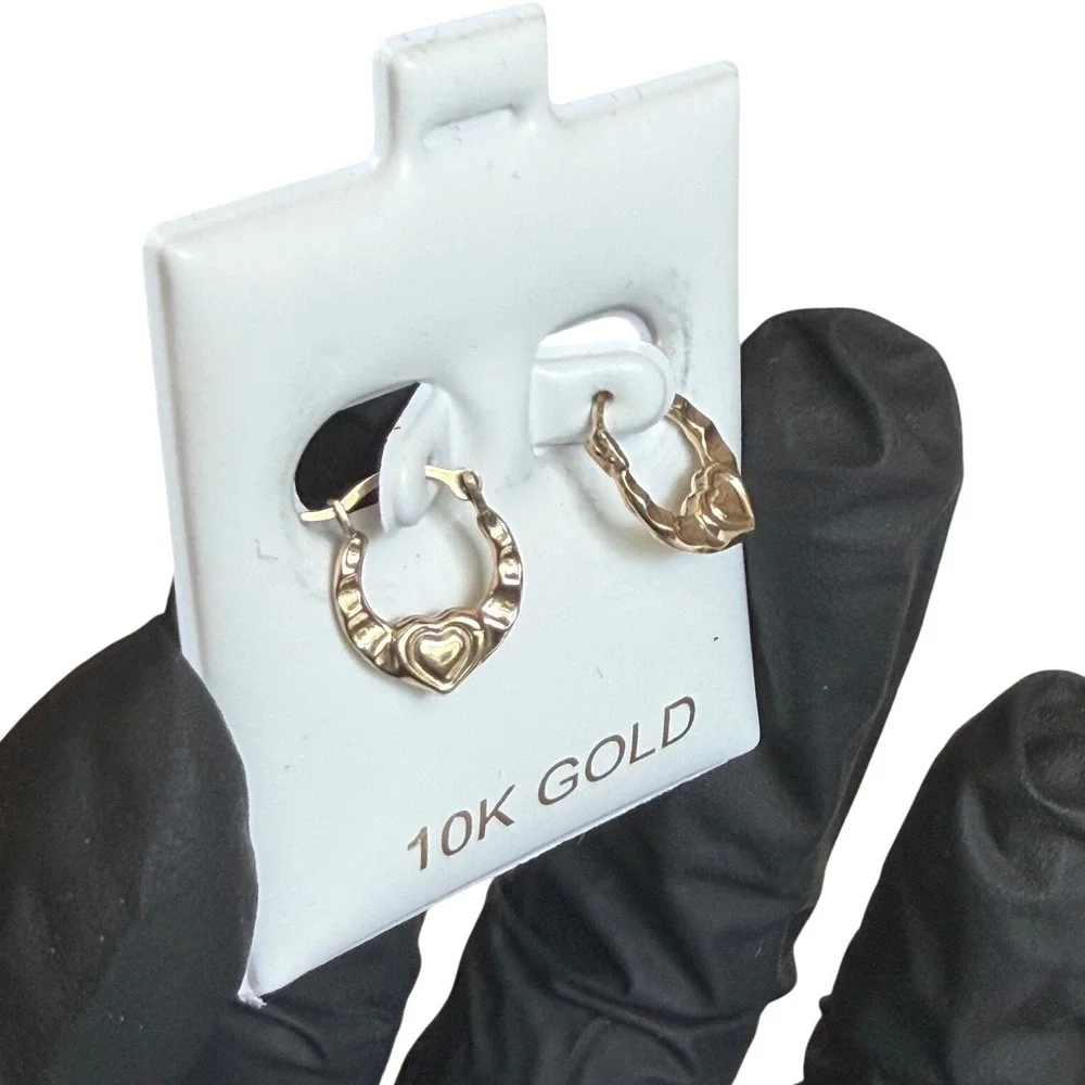 10K Real Yellow Gold Puffed Heart Hoop Earrings Kids Latch Back Small Size 12mm